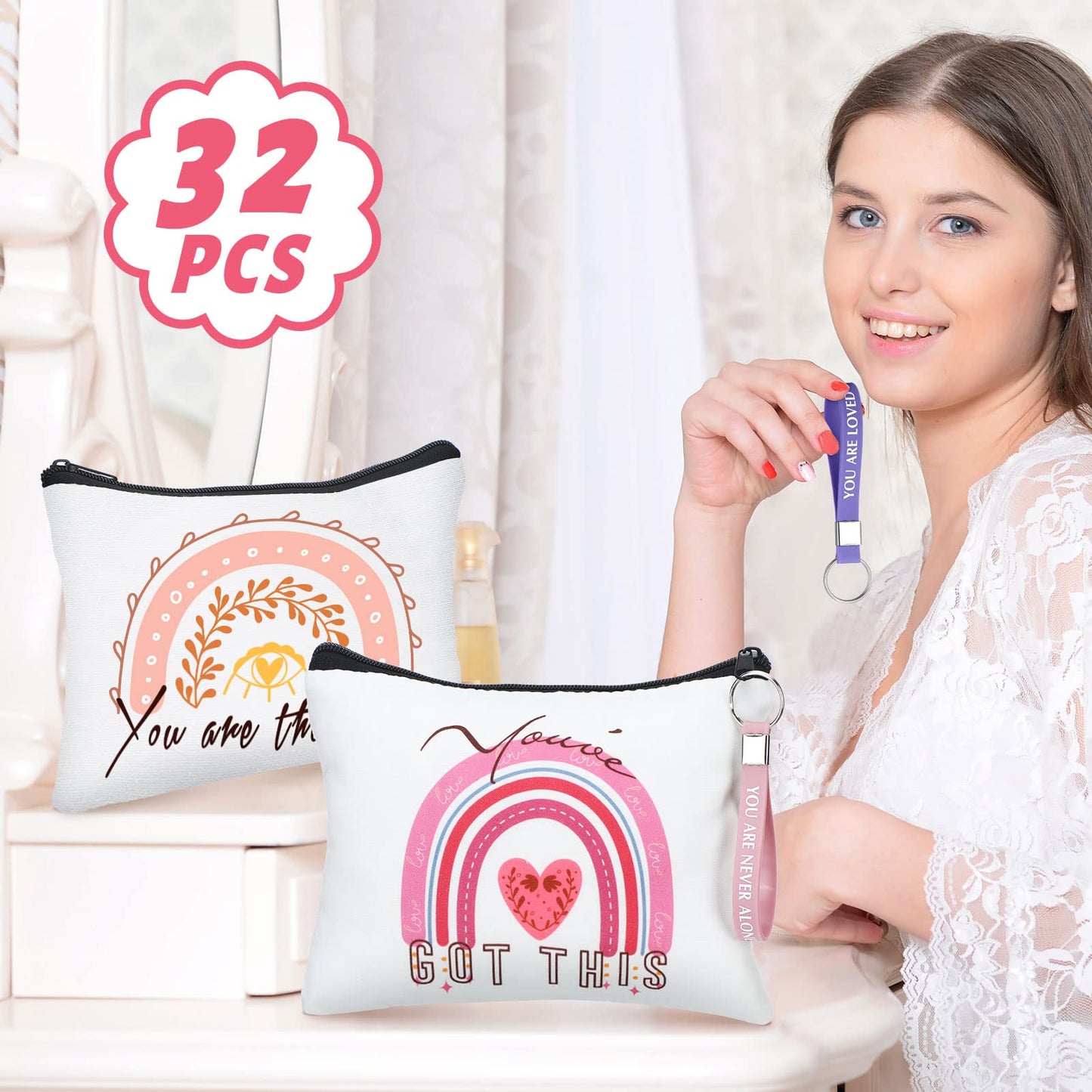 Hillban 32 Pcs Back to School Canvas Cosmetic Makeup Bag Bulk for Women Inspirational Gifts for Teacher Pencil Pouch Travel Toiletry Makeup Bag with Keychain for Mom Appreciation Gift(Rainbow)