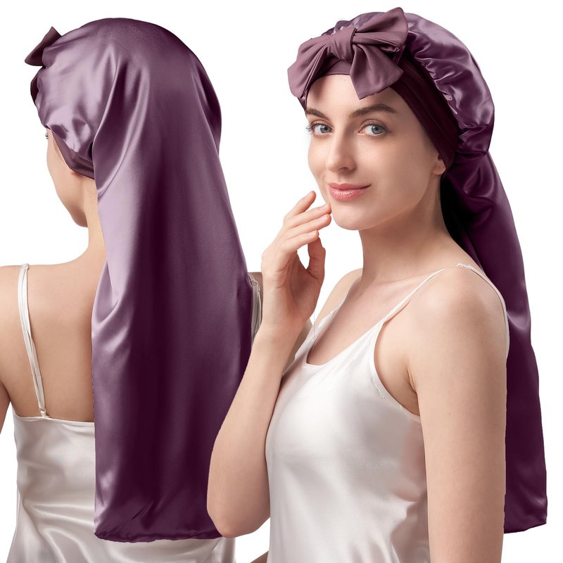 YFONG Double-Layered 100% Pure Mulberry Silk Bonnet for Long Hair, 22 Momme Sleep Bonnet for Sleeping with Elastic Tie Band, Real Silk Sleep Cap for Women Long Curly Hair, Purple