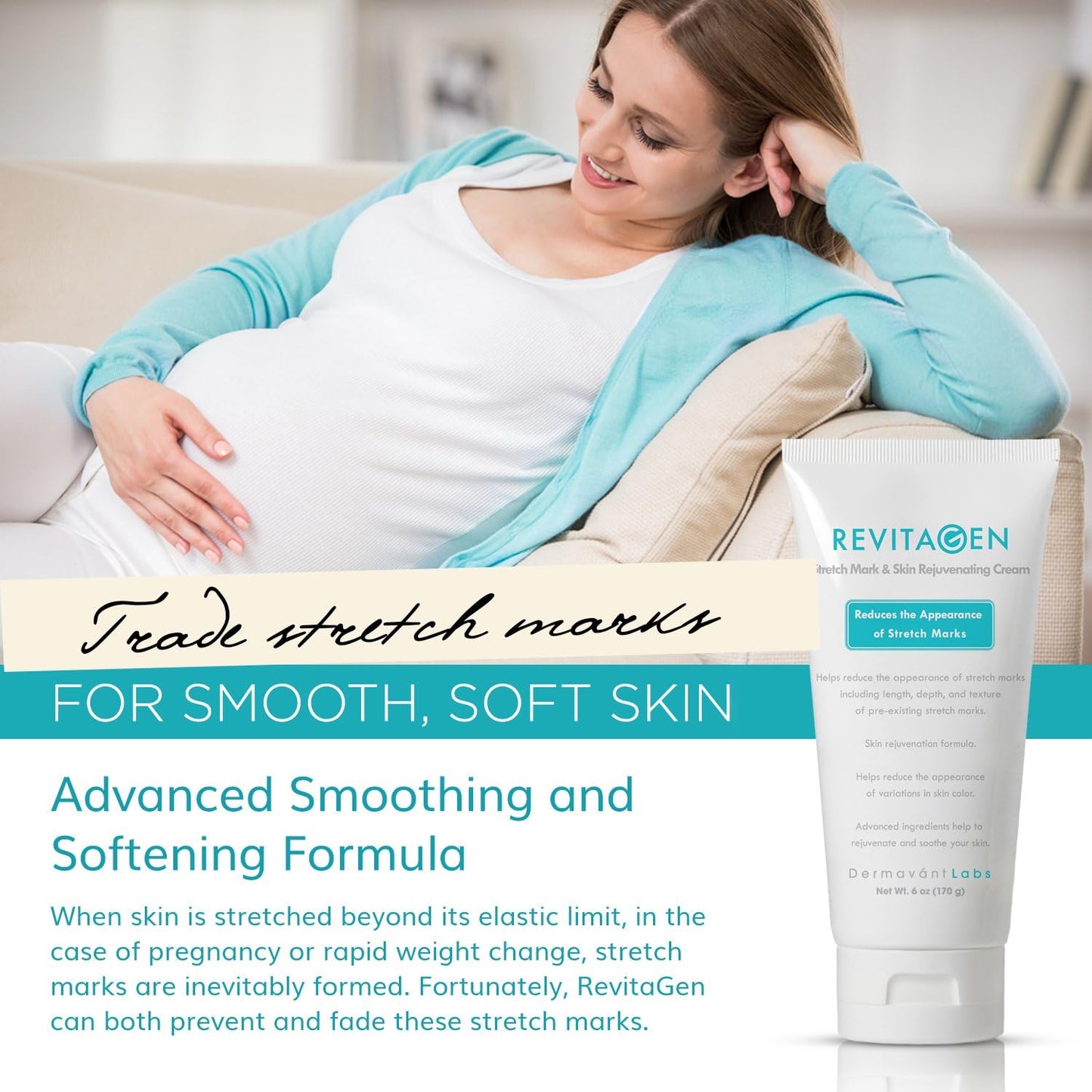 Best Stretch Mark Removal Cream - RevitaGen - Fade & Reduce Stretch Marks Caused by Weight Gain Pregnancy & Muscle Growth - Stop New Stretch Marks From Forming - Natural Moisturizing Treatment with Peptides & Botanicals - Stretch Mark Reducer (6 oz)