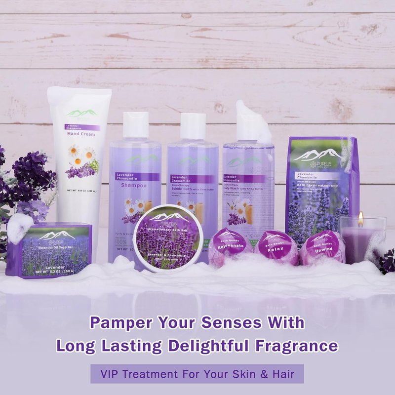 Lavender Spa Gift Basket - 20 Pc Home Spa Set with Body Lotion, Bath Bombs & More | Perfect Birthday Gift for Women
