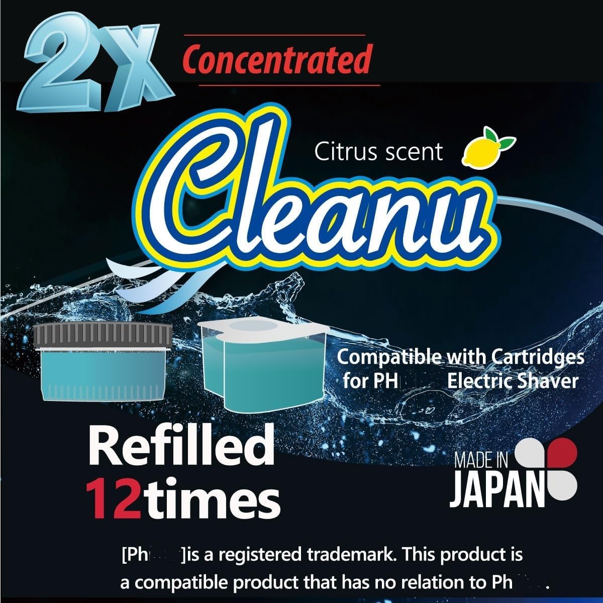 Cleanu (クリンニュ) 2X Concentrated Shaver Cleaning Solution Refill Compatible with Philips Norelco SmartClean & Quick Clean Pod Systems – Makes Up to 12 Cartridge Refills, 1L (33.8 oz), Made in Japan