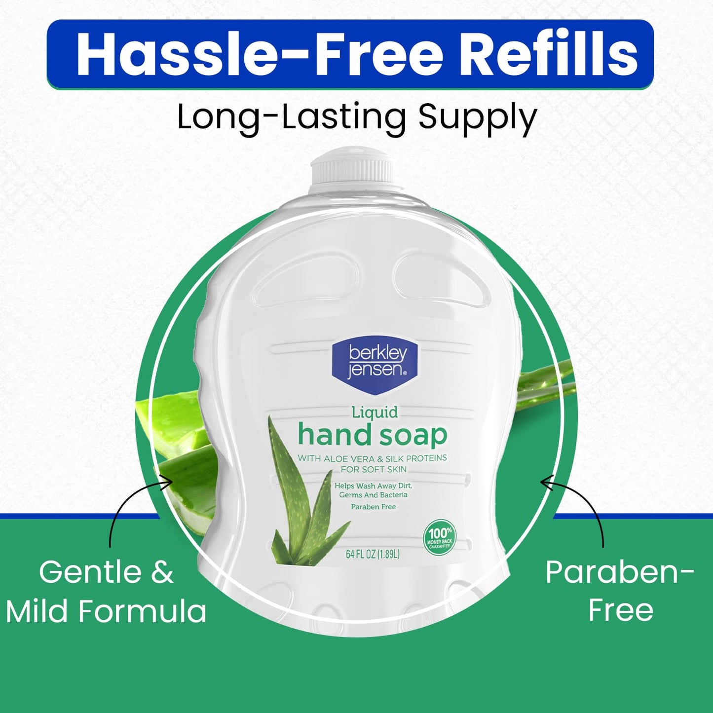 Berkley Jensen Liquid Hand Soap Refills with Aloe Vera - 64 oz Bottle (Pack of 2) - Hypoallergenic Scented Hand Wash with Silk Protein for Soft Hands - Paraben Free Hand Soap for Daily Use