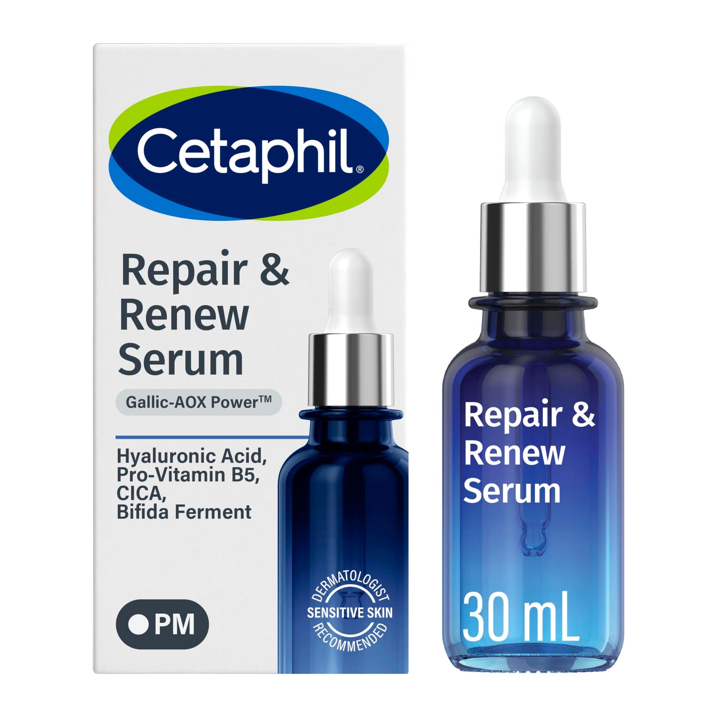 CETAPHIL Repair & Renew Night Serum for Stressed Sensitive Skin with Gallic Acid & Vitamin E, PM Face Serum, Repairs Skin Barrier Overnight, Dermatologist Recommended, 1 fl oz Dropper Bottle