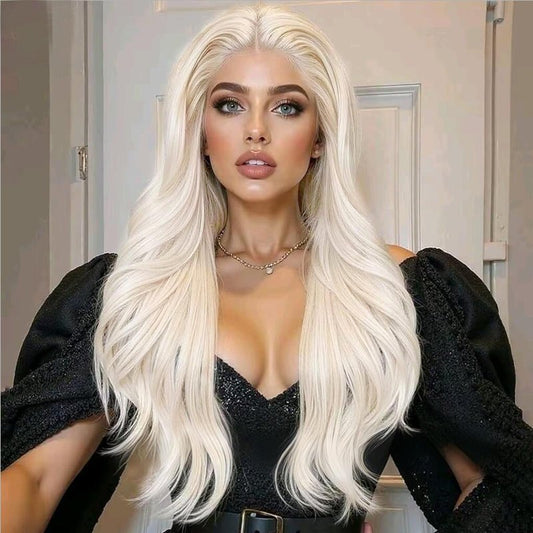 AFBeauty Platinum Blonde Wig Lace Front Real Hair Curly Wigs Long White Blonde Hair Wig Wavy Afro Wigs for Black Women Drag Queen Cosplay Daily Synthetic 26 Inch Lace Front