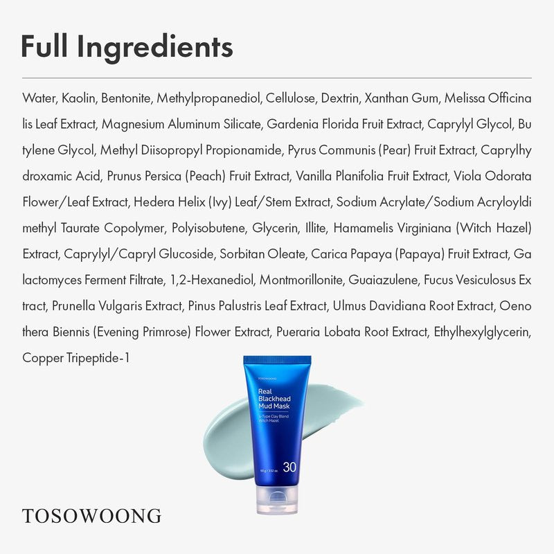 TOSOWOONG Real Blackhead Mud Mask, Facial & Nose Pore-Purifying Clay - Korean Mud Mask, Pore Tightening, Deep Pore Cleaner, Cooling & Quick Dry Formula Face Mask, Oil Control, 100 g / 3.52 oz.