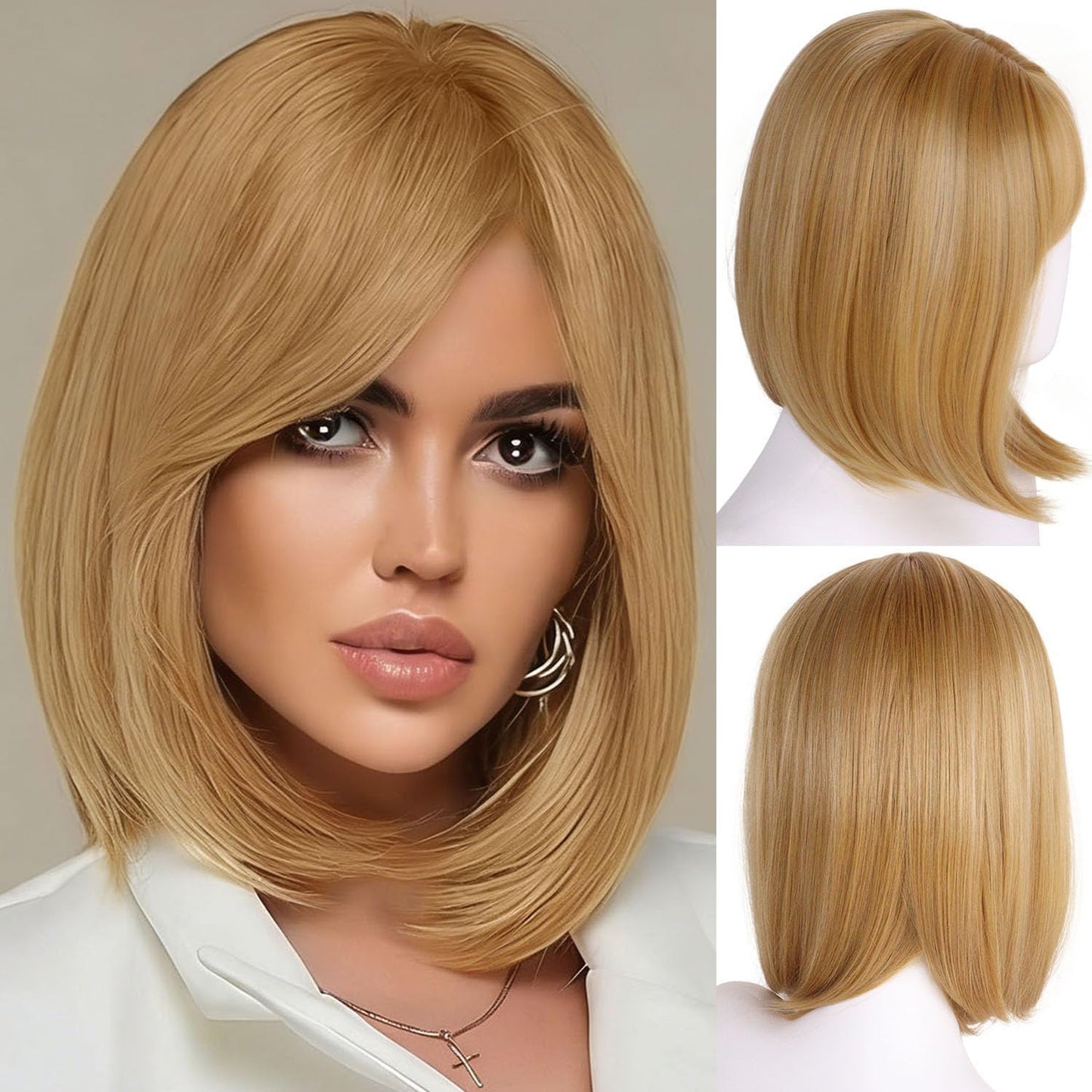 Strawberry Blonde Wig With Bangs Straight Bob Wigs For Women Highlights