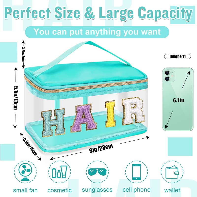 2 Pcs Chenille Letter Clear Makeup Bags FaceHair Pouch, Preppy Patch Travel Face Bag Zipper with Handle, Travel Hair Bags for Hair Stuff Waterproof Cosmetic Toiletry Storage for Women Girl(HAIR+FACE)