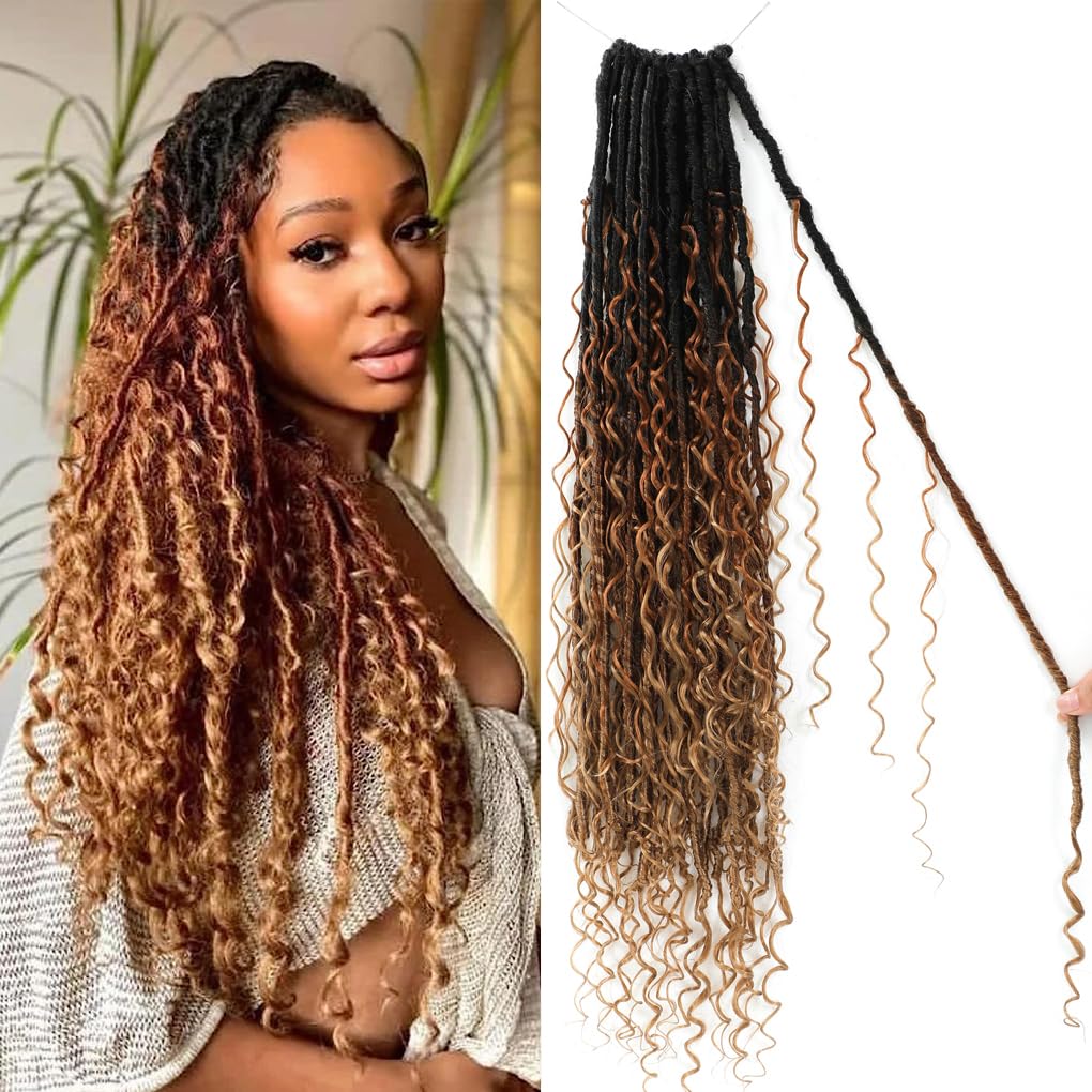 Boho Faux Locs Crochet Hair 18 Inch Goddess Locs 8 Packs Boho Soft Locs Crochet Hair with Curly Ends Pre-looped Long Bohemian River Locs for Black Women (OT30/27, 24 Inch(Pack of 8))