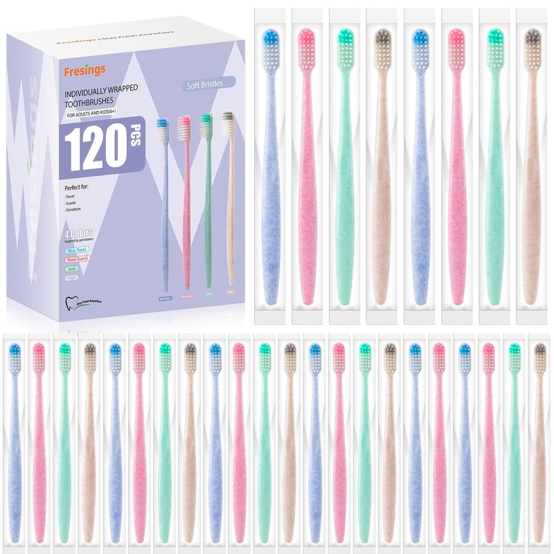 Fresings 120-Pack Disposable Toothbrushes Individually Wrapped, Soft PBT Bristle Bulk Travel Manual Toothbrushes for Adults & Kids, Guest Bathroom, Hotel, Camping, Donation – 4 Gemstone Colors
