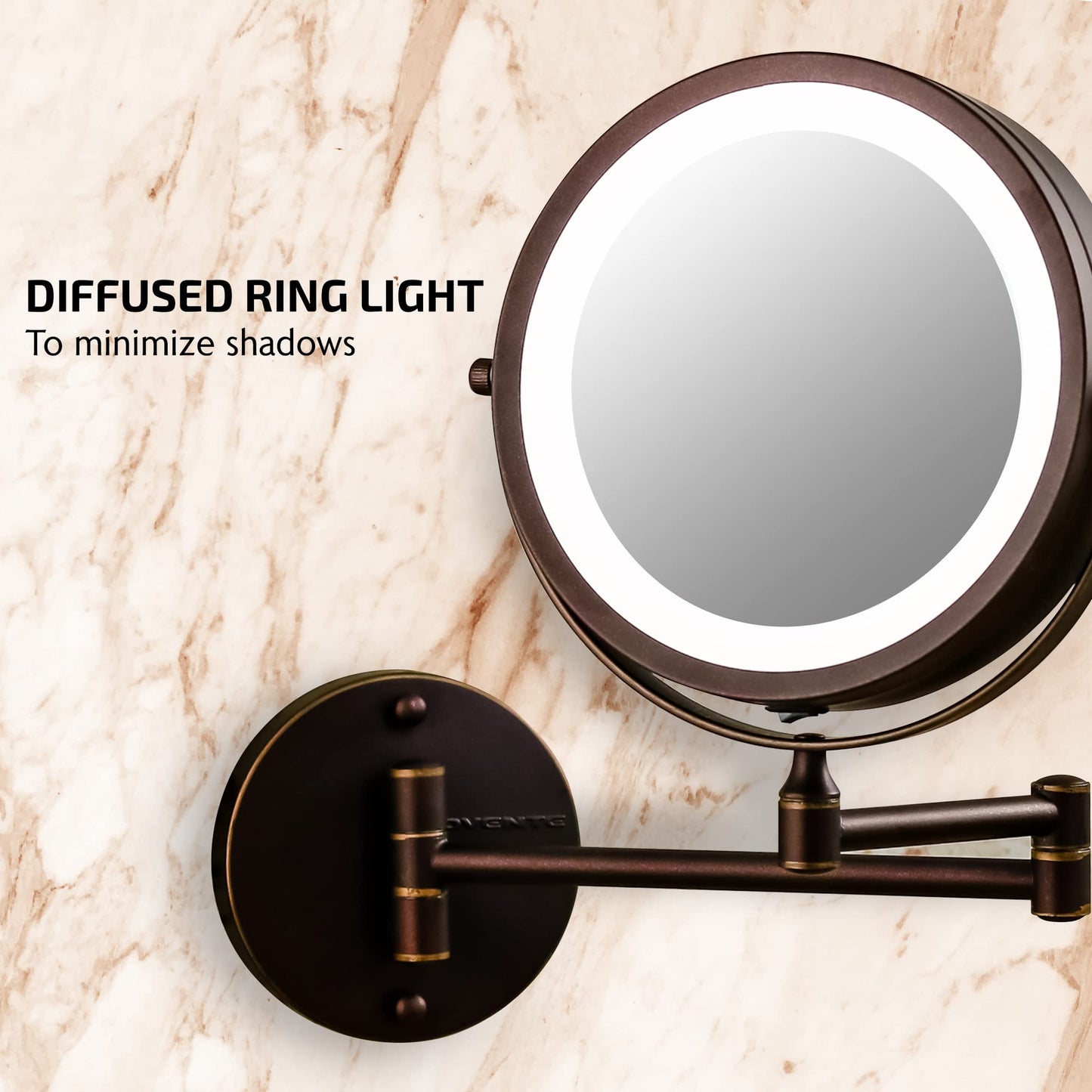 OVENTE Wall Mounted Lighted Makeup Mirror, 7" Double Sided 1X/7X Magnifying Vanity Mirror for Bathroom with LED Lights, Cordless, 360° Rotation and 13" Extendable Arm, Antique Bronze MFW70ABZ1X7X