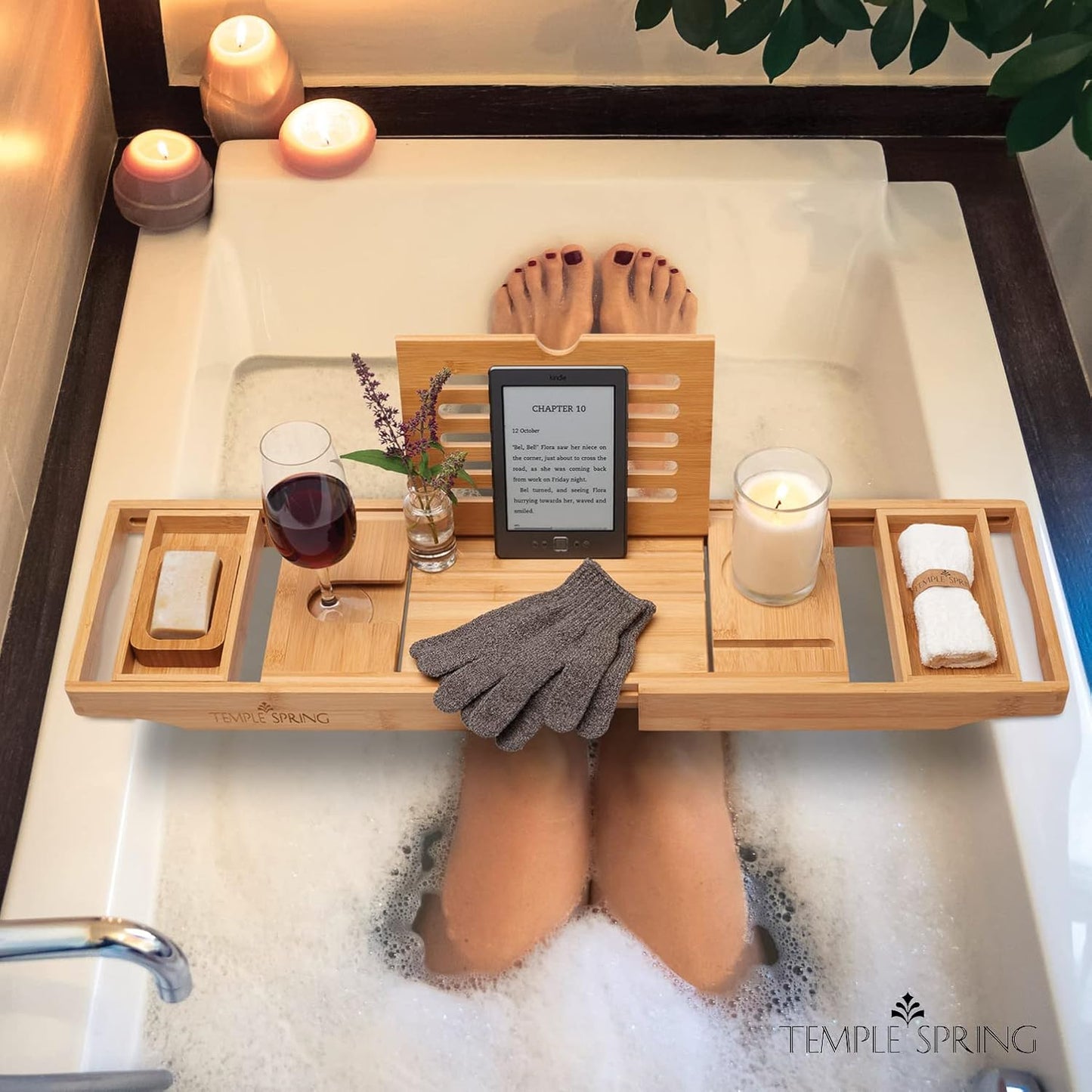 Bamboo Bathtub Tray Caddy - Expandable Wood Bath Tray with Book Stand & Wine Holder | Luxury Spa Gift Set