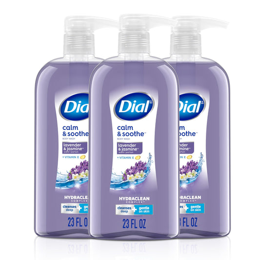Dial Body Wash, Calm & Soothe Lavender & Jasmine, 23 Fl Oz (Pack of 3), Hydraclean Complex & Vitamin E, Gentle, Leaves Skin Feeling Nourished, Dermatologist-Tested, No Parabens & Sulfates