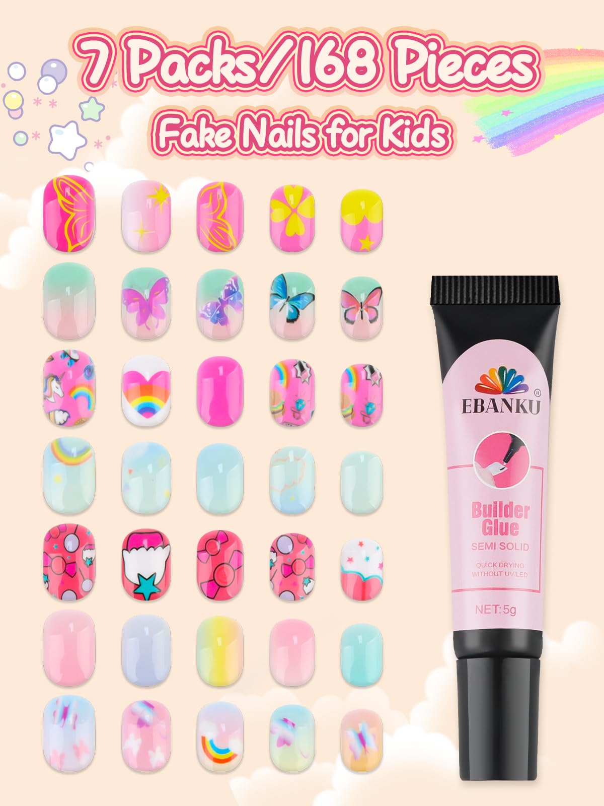 168 Pieces Press on Nails for Girls, EBANKU Short Candy Rainbow Butterfly Fake Nails Kids 6-12 Years Stick On False Nails Kit with Nail Glue, Full Cover Nails Tip Kit for Children Nail DIY