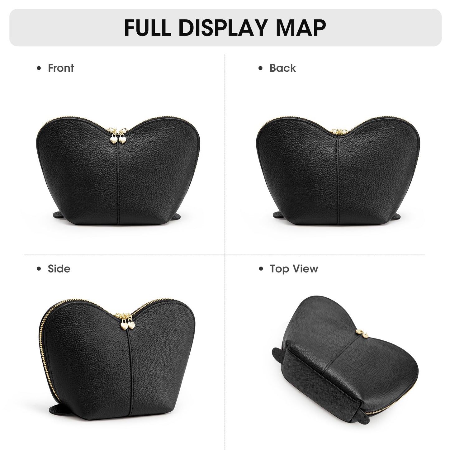 Kattee Leather Makeup Bag, Travel Large capacity Comestic Bag for Women, Heart Shaped Portable Organizer Toiletry Bag for Working, Black