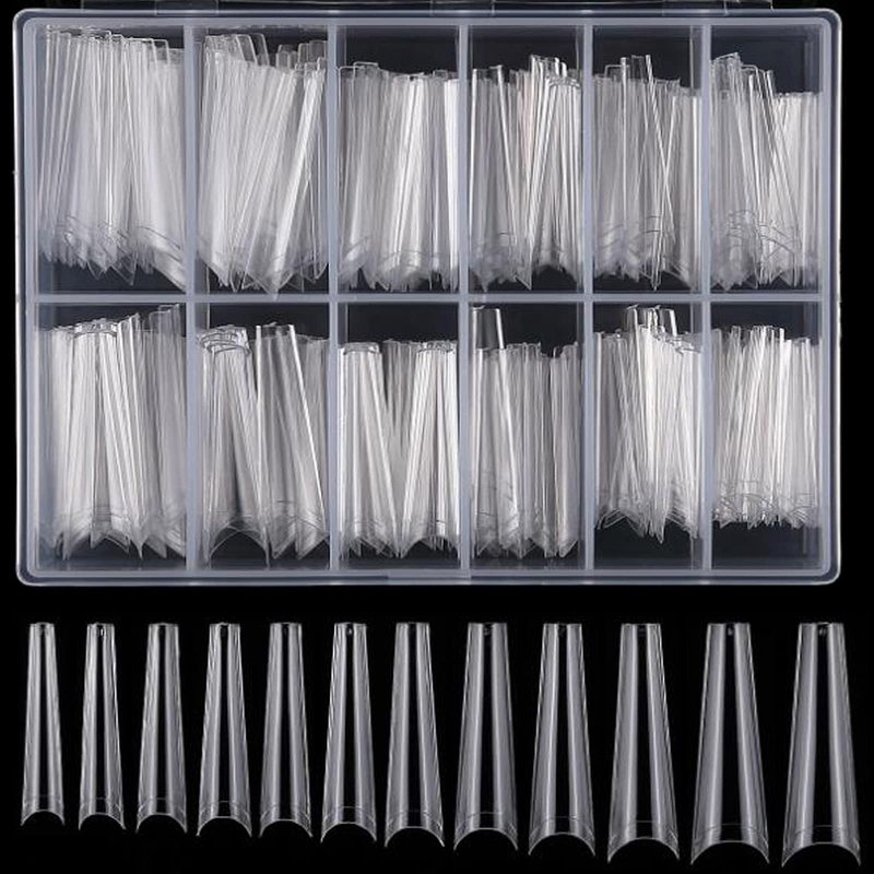 240pc Extra Long French Coffin Nail Tips, Soft Gel Coffin Fake Nails, XL Gel Nail Tips Half Cover Curved Ballerina False Nails, Extra Long Artificial Fingernail 12 Size for Acrylic Nail Extension