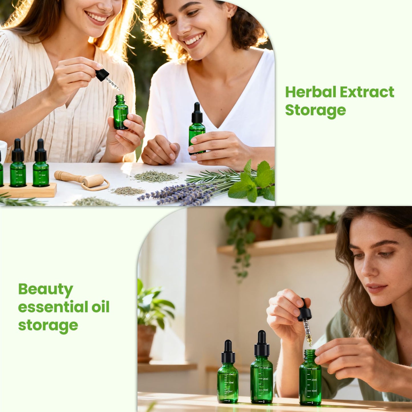 UPBUD 63 Pcs 1oz Green Glass Dropper Bottles with Measurement, 30ml Leakproof Tincture Bottles with Funnels, Eye Droppers, Extra Caps & Labels, Refillable Empty Bottles for Tinctures, Essential Oils