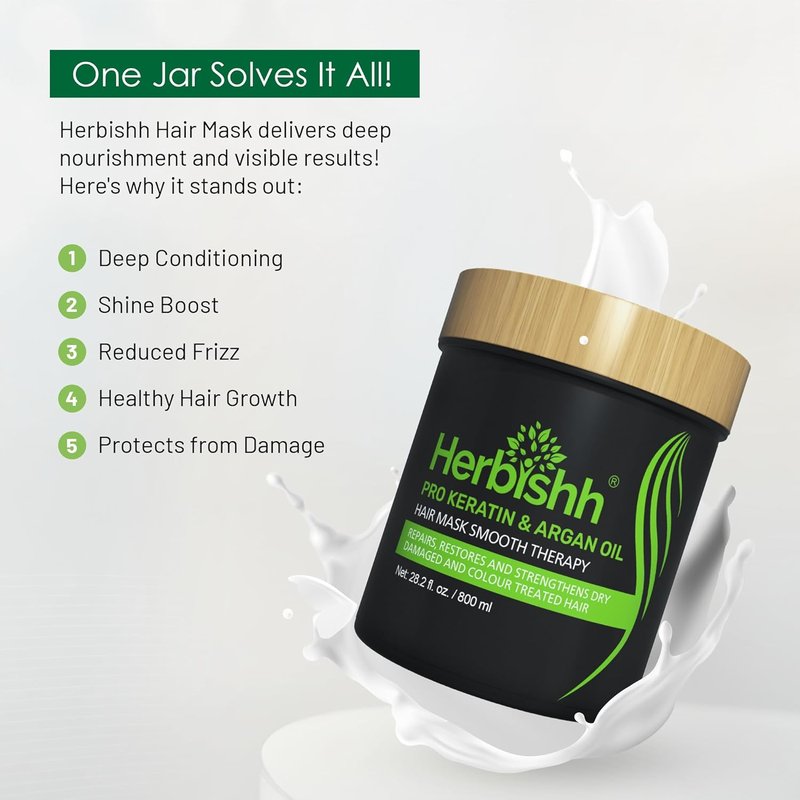 Herbishh Argan Hair Mask - Deep Conditioning & Hydration for Dry, Weak Hair | 800ML, Sulfate-Free, Paraben-Free