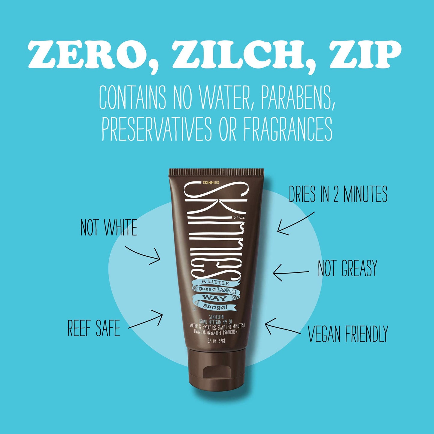Skinnies Sungel New Formula SPF30 Eco Sunscreen, 3.4oz UVA UVB, Not Diluted With Water, Reef Safe, Vegan, Use Pea Size Blob