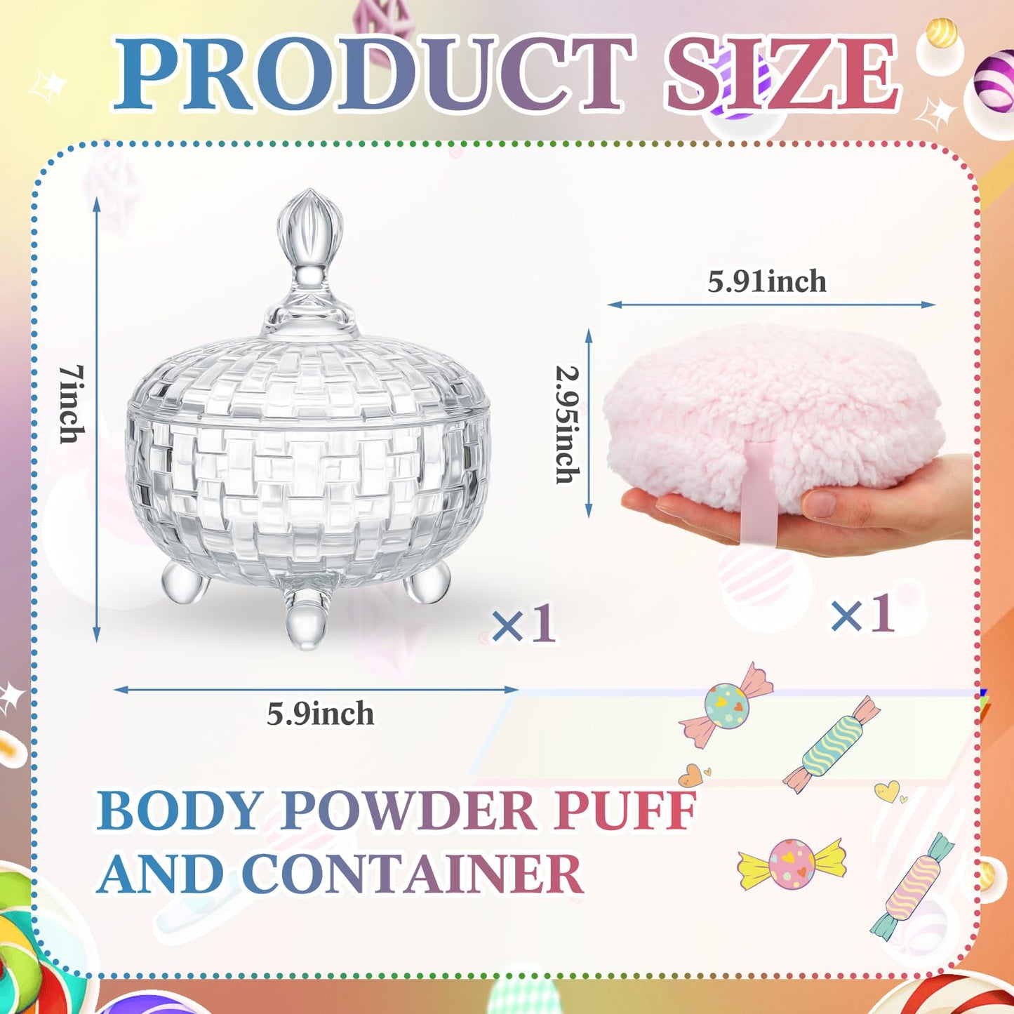 Tioncy 2 Pcs Extra Large Dusting Powder Puff and Container for Women-6'' Glass Crystal Dusting Powder Container with Body Soft Washable Reusable Velour Face(Clear,Weave Design)