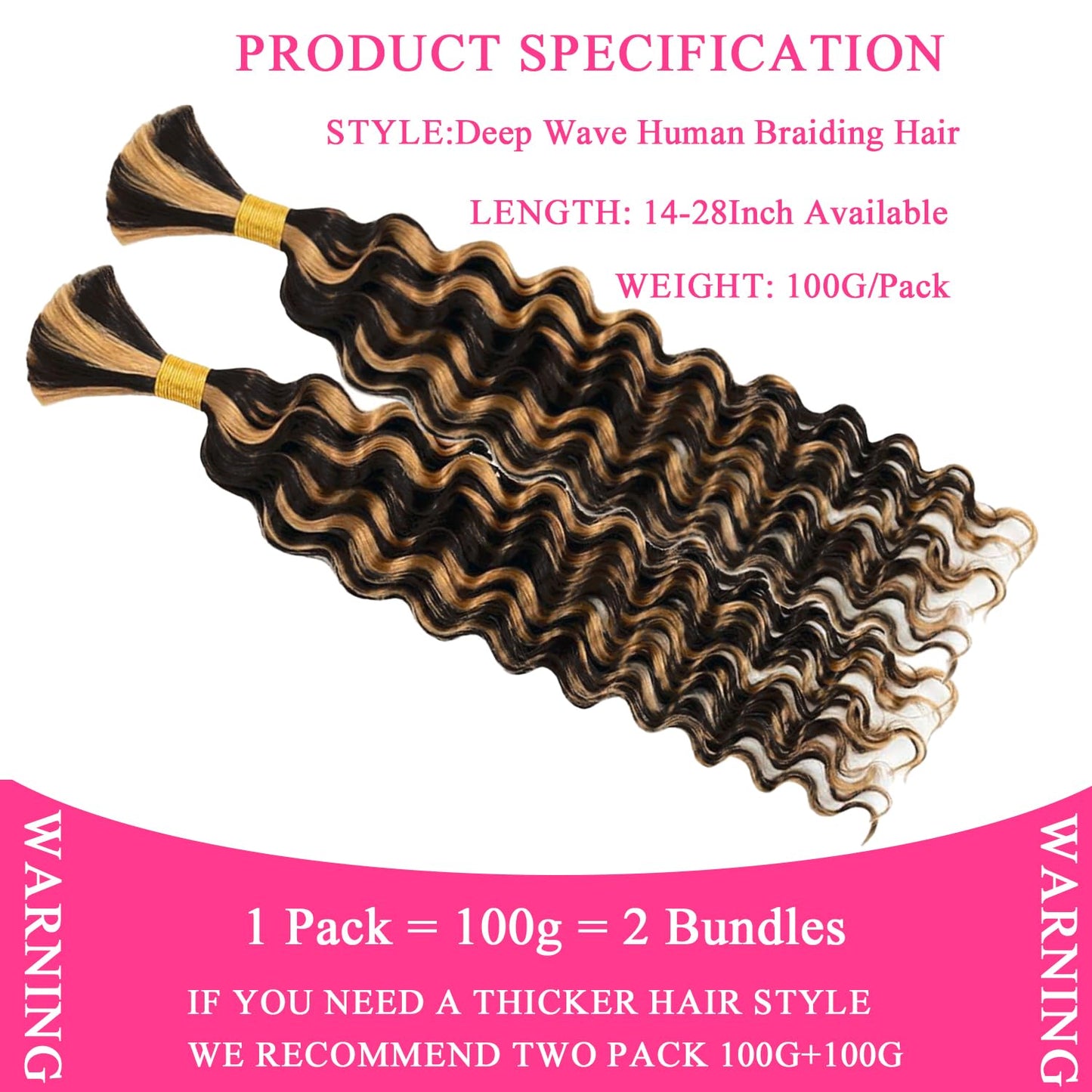 Human Braiding Hair 2 Bundles 100g 16Inch Deep Wave Bulk Human Hair for Braiding No Weft Curly Braiding Hair Bulk Curly Human Hair for Boho Braids 12A Brazilian Virgin Hair Extensions 1B/27