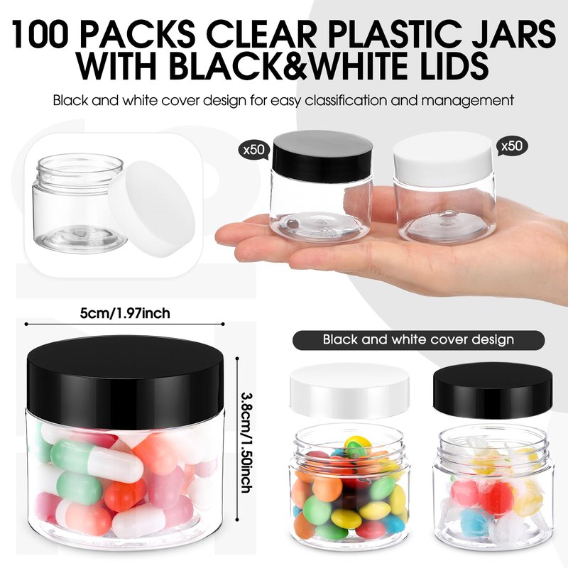 Meanplan 100 Pcs 2 oz Plastic Container Jars Clear Round Cosmetic Container with Lids, Plastic Jars with Screw Lids for Travel Storage, Kitchen Use, DIY Crafts(Black, White, PP)