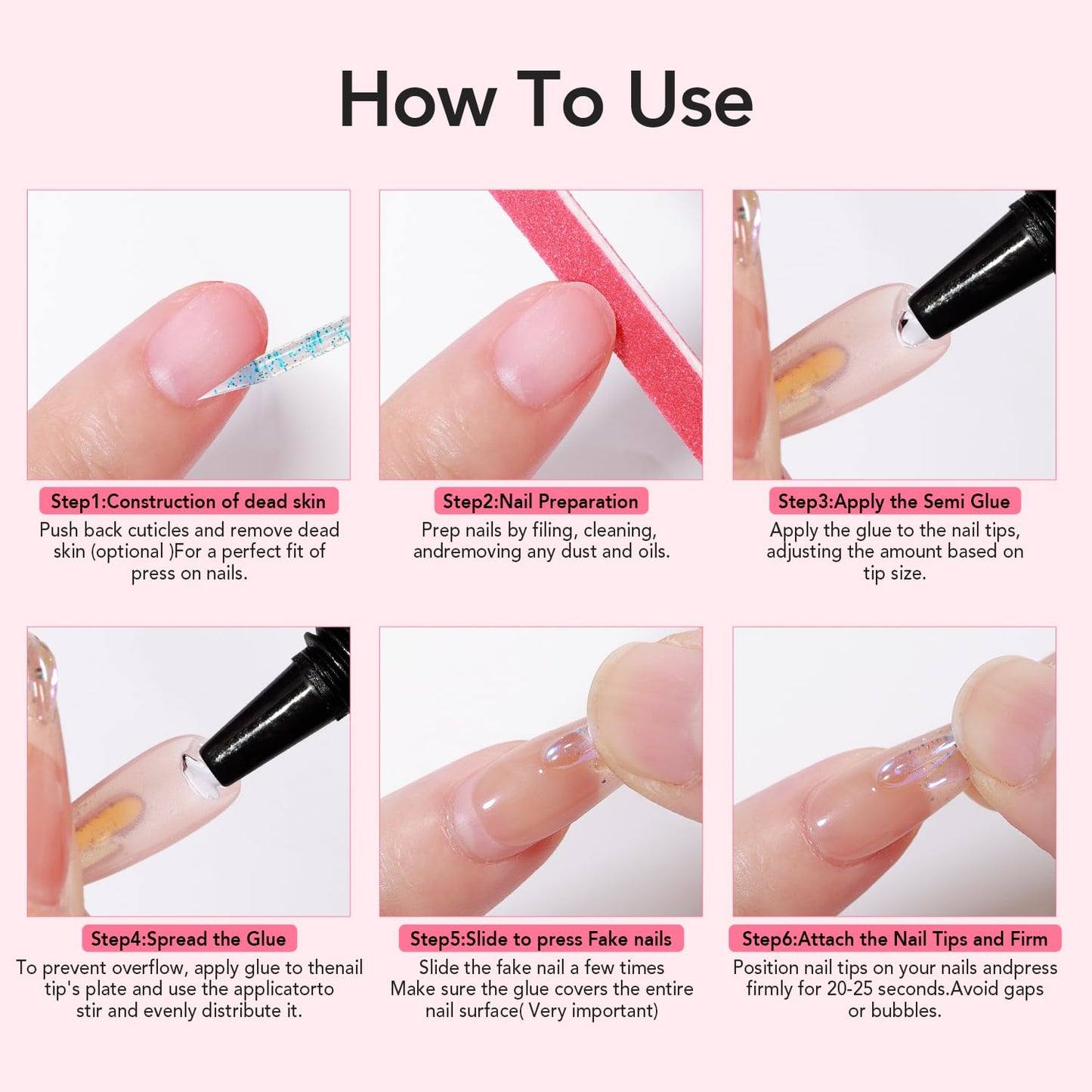 Soft Gel Press on Nails, Fake Nails with Bright-Pink and semi solid nail glue kit