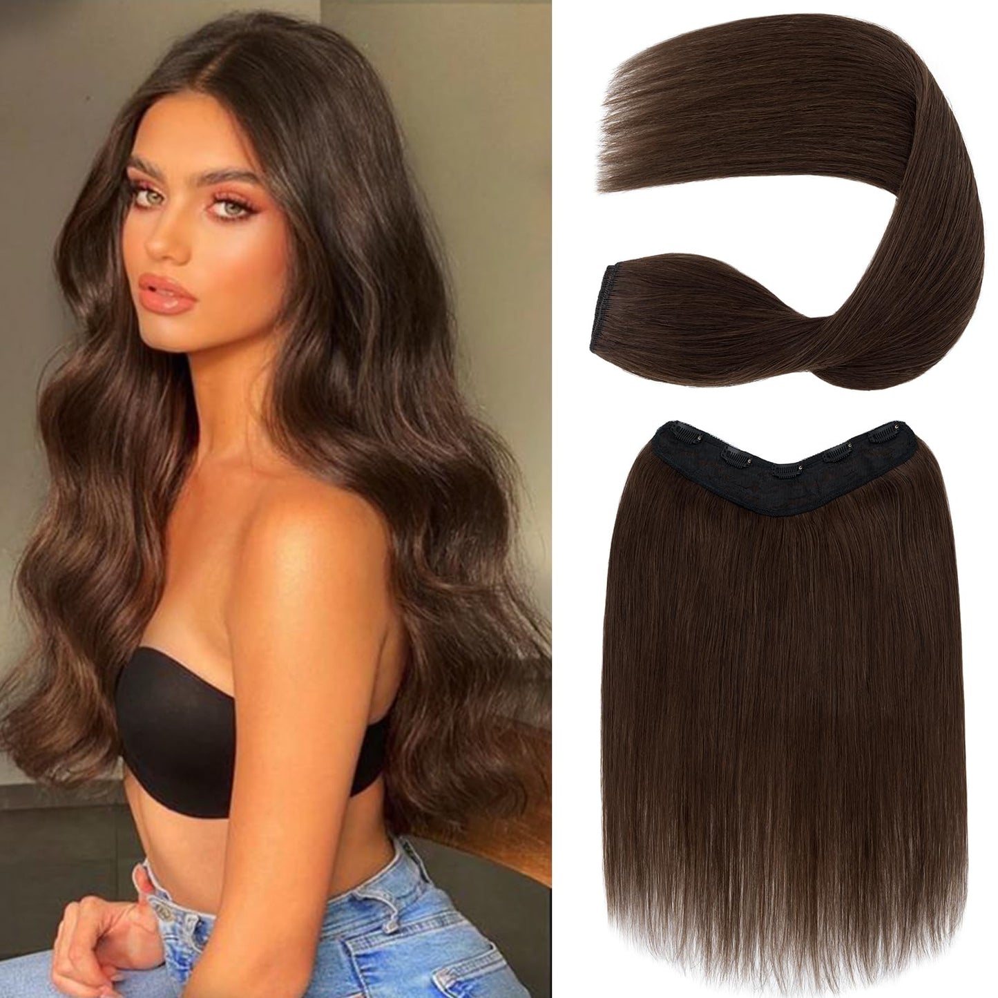 S-noilite One Piece Clip in Hair Extensions - Human Hair, 3/4 Full Head V Part Weft With 5 Clips, Thicker Lace Net (14"-50g, #04 Medium Brown)