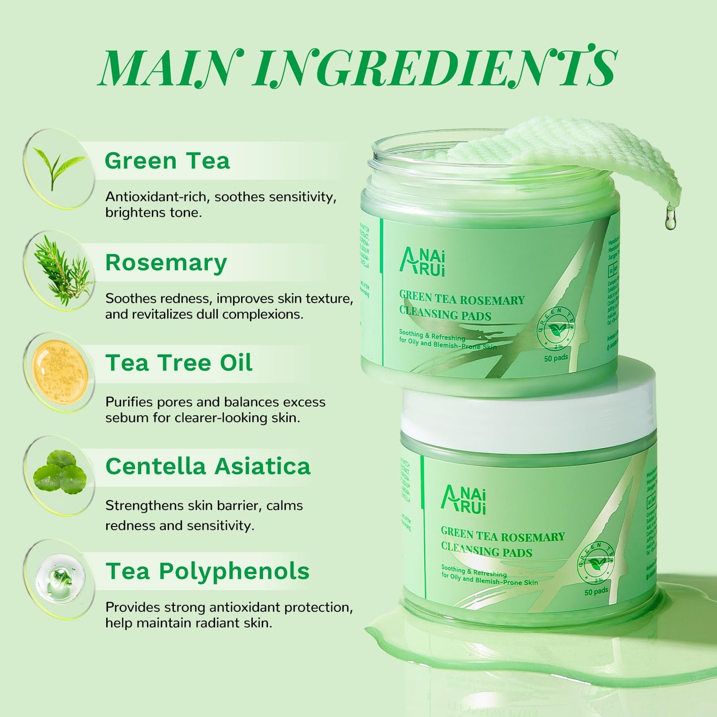 ANAI RUI Green Tea Rosemary Cleansing Pads, 50pcs