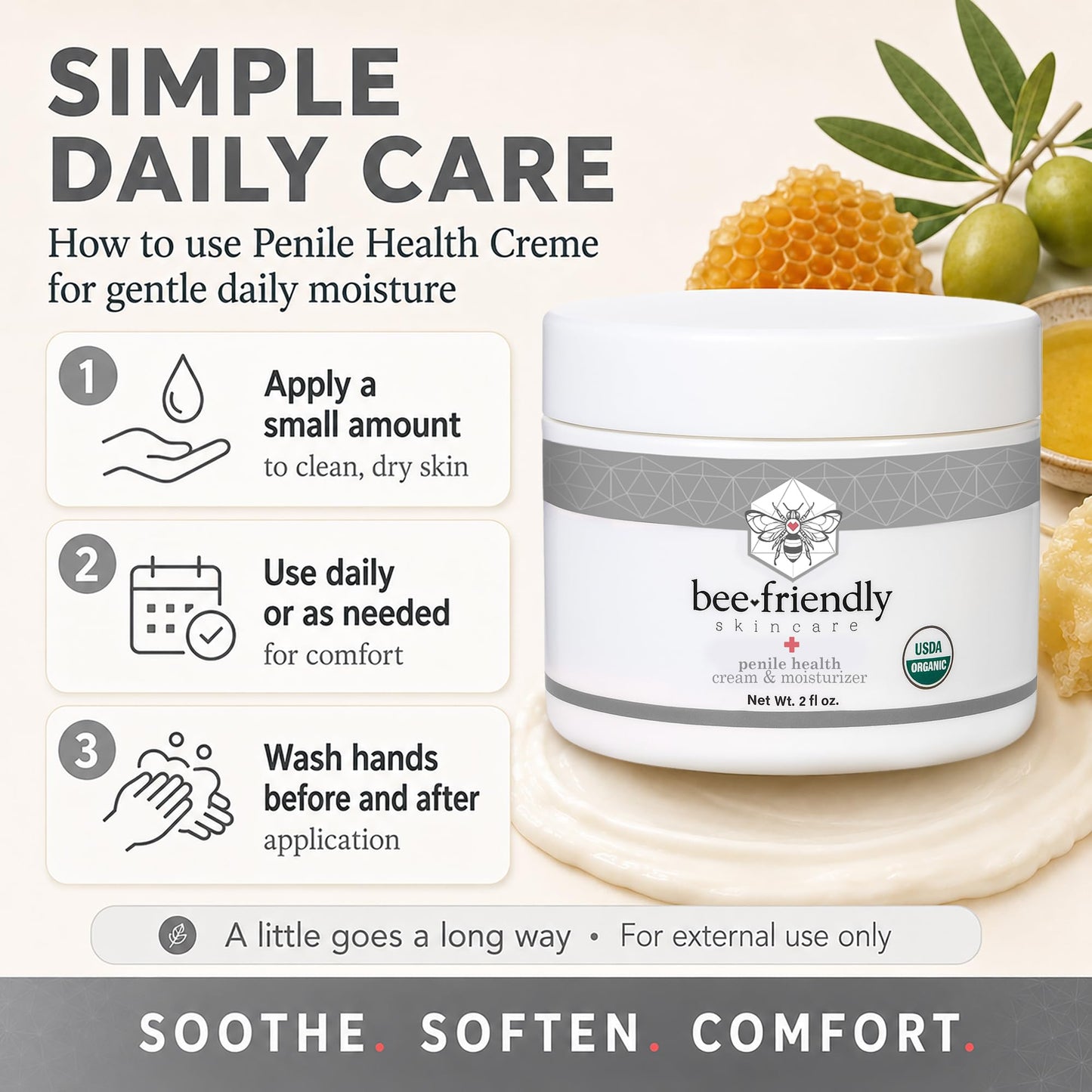 BeeFriendly® Organic Penile Health Creme, USDA Certified, 2 oz