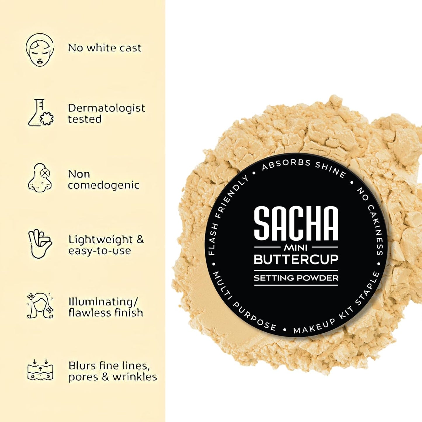Sacha BUTTERCUP Mini Setting Powder - Translucent Face Powder for Medium to Dark Skin Tones | Blurs Fine Lines & Pores, 0.35 oz.