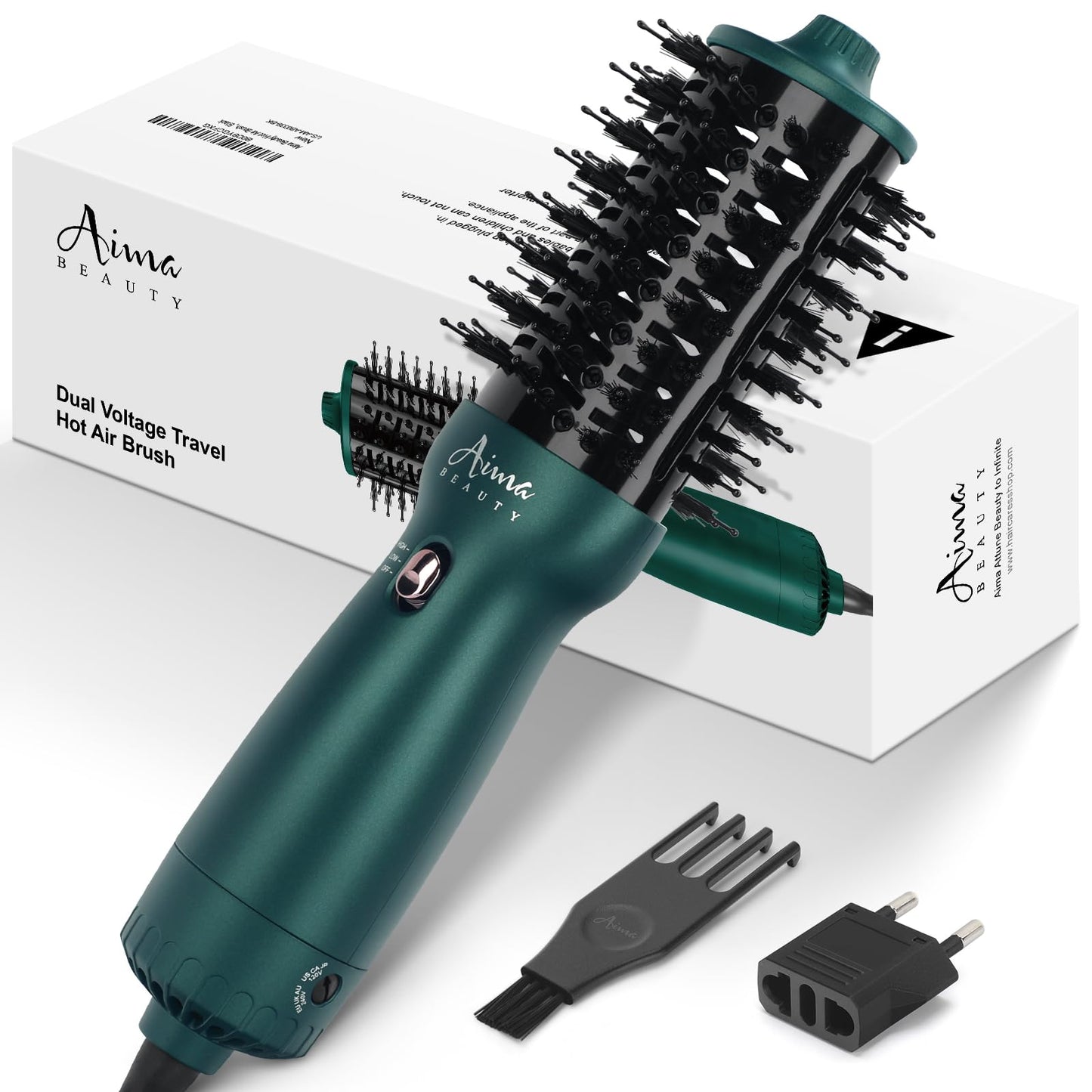 Aima Beauty Hair Dryer Brush Dual Voltage Travel Blow Dryer Brush Hot Air Brush with Oval Barrel 360°Airflow for Smooth,Negative Ionic Frizz-Free Drying/Straightening/Voluming, Dark Green