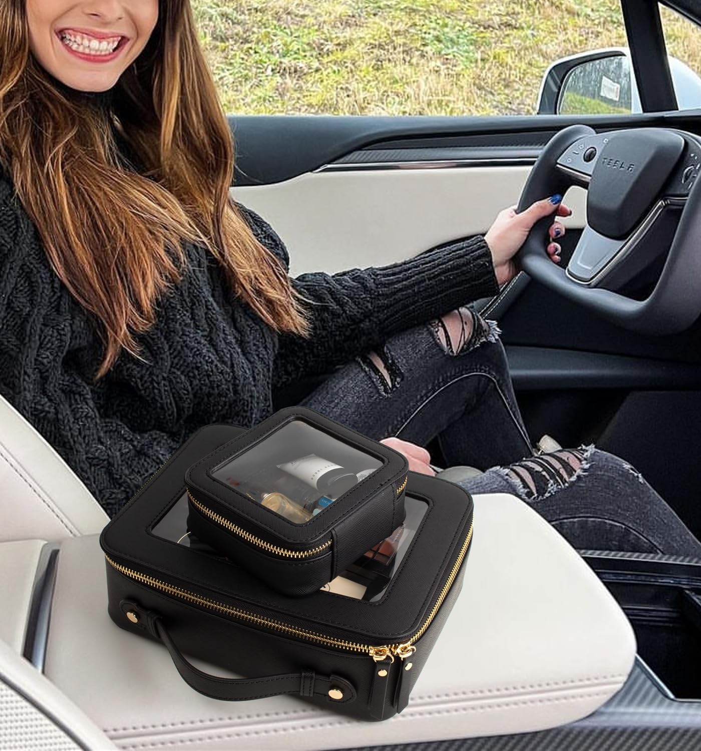 LETGO Clear Makeup Bag Set, Portable Travel Toiletry Bag Cosmetic Case for Women, Vegan Leather Make up Pouch Organizer Car Bag for Essentials (Mini+Large Black)