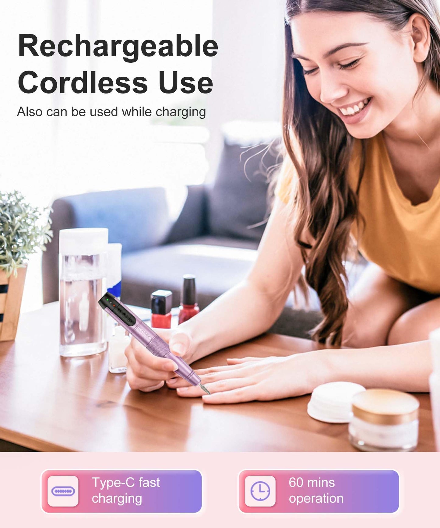 HEBECA Cordless Nail Drill Set, Electric Nail Files and Buffers Drill Nails for Natural or Acrylic Gel Nails - Rechargeable Nail File Nail Drill Machine Manicure Nail Dremel Kit (Purple)