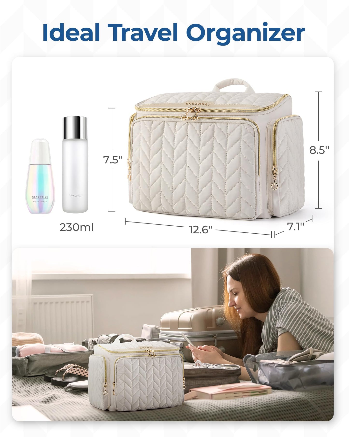BAGSMART Travel Toiletry Bag, Large Wide-open Travel Bag for Toiletries, Makeup Cosmetic Travel Bag with Handle-Camel