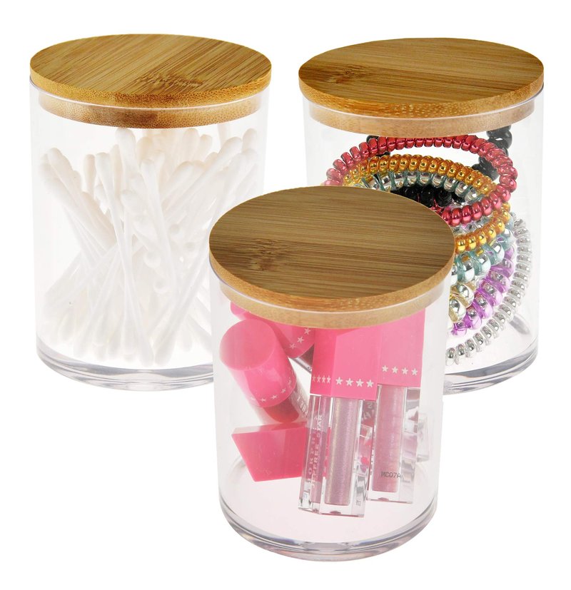 ARAD 3 Pcs Cotton Ball, Swab, Q-tip Storage, Clear Acrylic Jar Container with Bamboo Lid, Easy Organization on Bathroom Counters, Under Sink Placement or Vanity Tables-3.25" D x 4.5" H