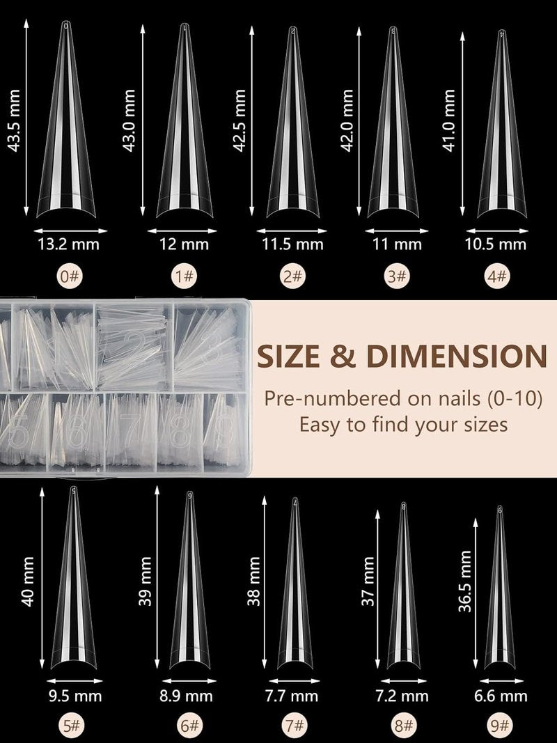 Stiletto Nail Tips - 500 Pcs XL Long Clear Acrylic False Nails | Half Cover Tapered Square for DIY Nail Art (10 Sizes)