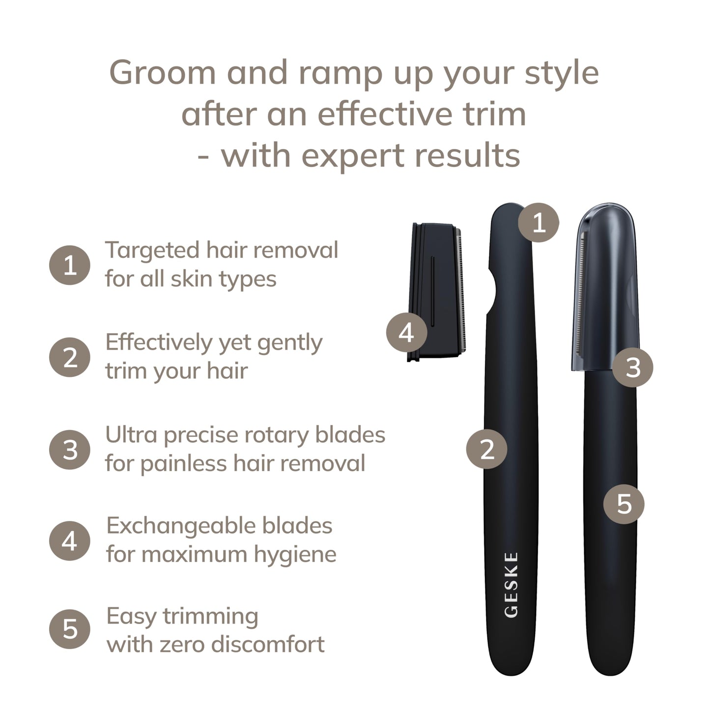 GESKE Precision Trimmer | 4 in 1 | Painless, Hygienic Hair Remover | Precise Hair Trimmer Tool | Face & Body | Men & Women | Grooming Device | Hypoallergenic, Easy-to-exchange Blades | All Skin Types
