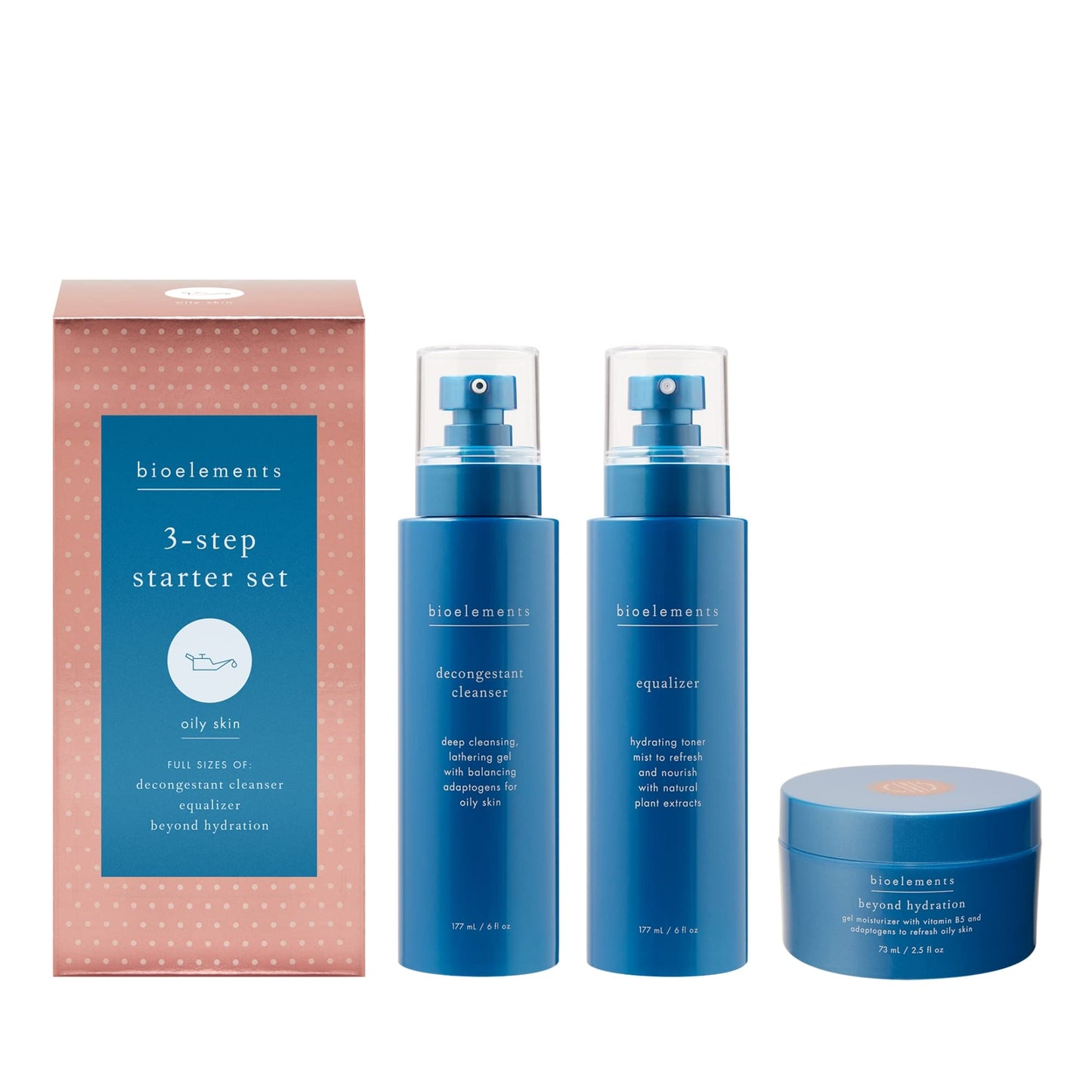Bioelements 3-Step Mini Starter Set: Oily Skin - Includes Decongestant Cleanser, Equalizer Toner & Beyond Hydration Moisturizer - Vegan, Gluten Free - Never Tested on Animals