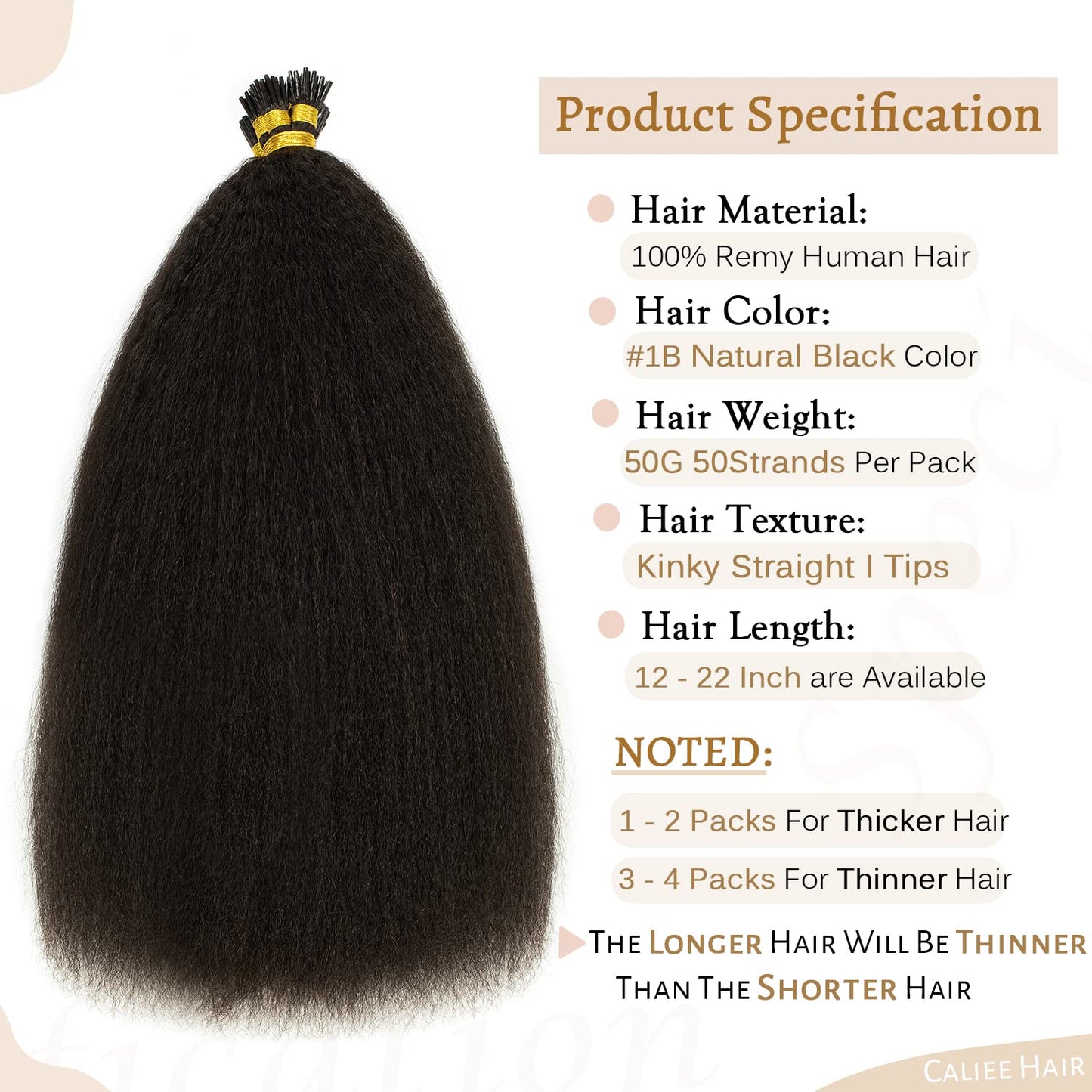 Caliee I Tip Hair Extensions Real Human Hair Kinky Straight 18 Inch Natural Hair Extensions I Tips Human Hair for Black Women Natural Black Color Thick End 50G 50s/pack