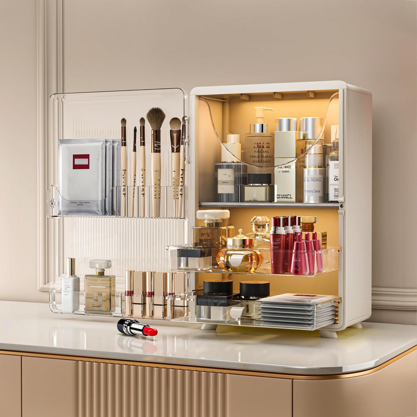 MORNITE Makeup Organizer with Drawers for Vanity & Bathroom, Cosmetic Storage Cabinet for Skincare, Beauty, Brushes, Perfume. Large Countertop Display Case with Cover Lid, Cream White