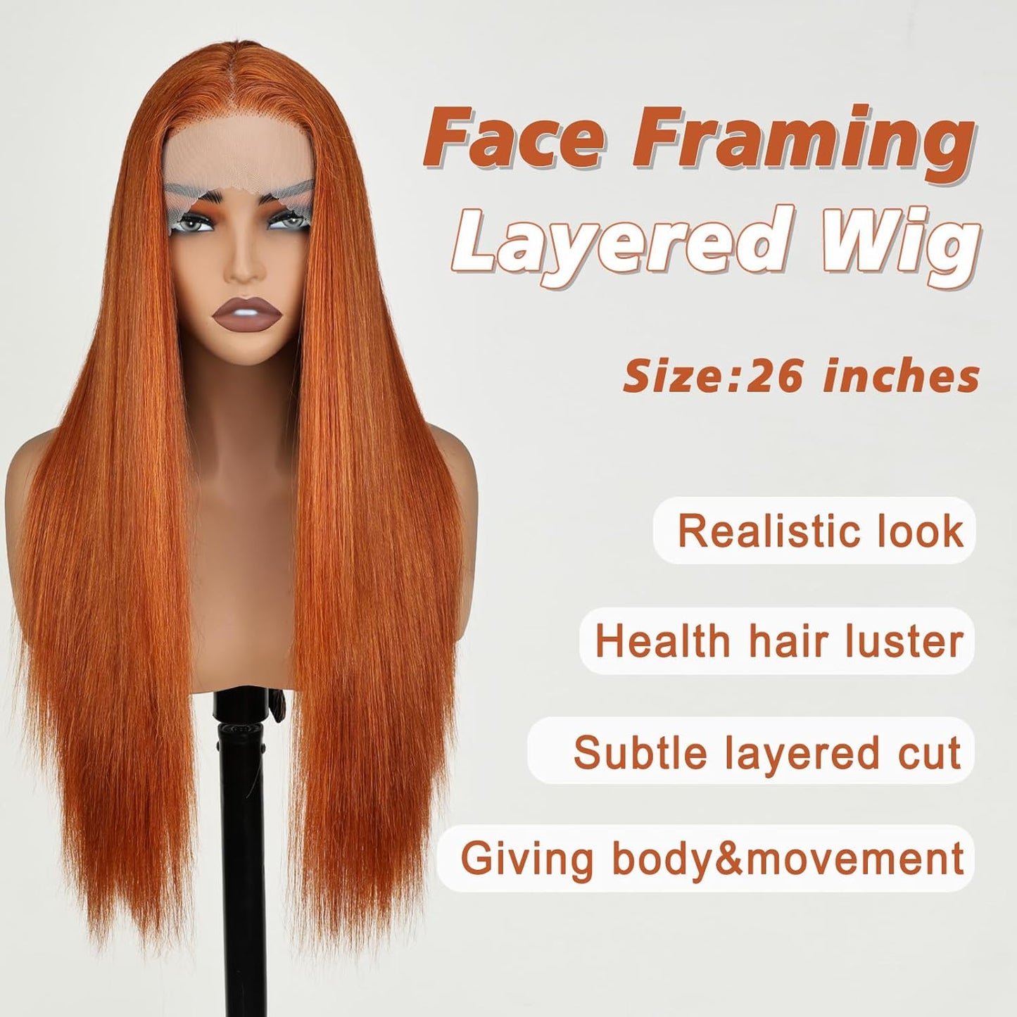 X-TRESS Ginger Orange 26" Straight Lace Front Wig - Synthetic, Pre-Plucked, Glueless for Women