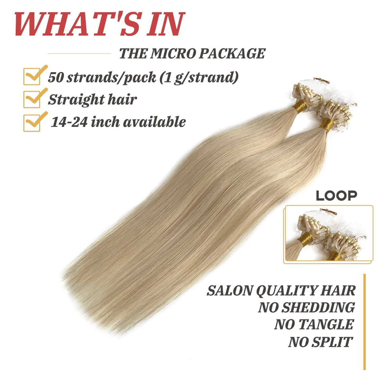 White Blonde Micro Beads Hair Extensions for Women - Micro Ring Cold Fusion Platinum Blonde #60 Microlink Natural Straight Soft Human Hair 50G/50Strands