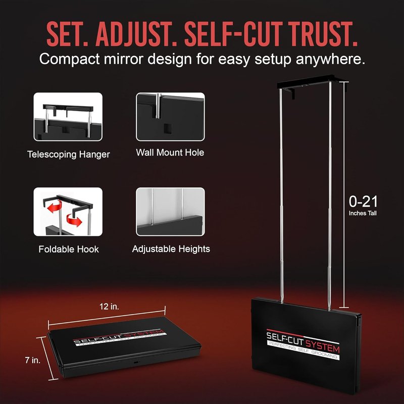 Self-Cut System 3-Way Mirror with LED Lights - 360° Trifold Design for Men & Women | Impact-Resistant, Fits Standard Door, 14” L x 1” W - Black