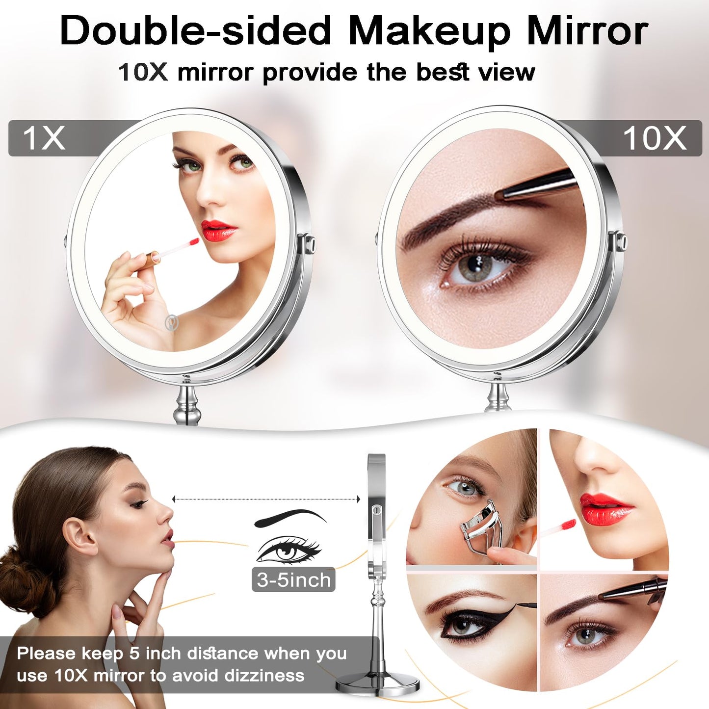 AMZNEVO Lighted Makeup Mirror, 9" Rechargeable Vanity Mirror with Lights, Double-Sided 1X/10X Magnification, 3 Color Lights, Brightness Adjustable, 360° Rotation