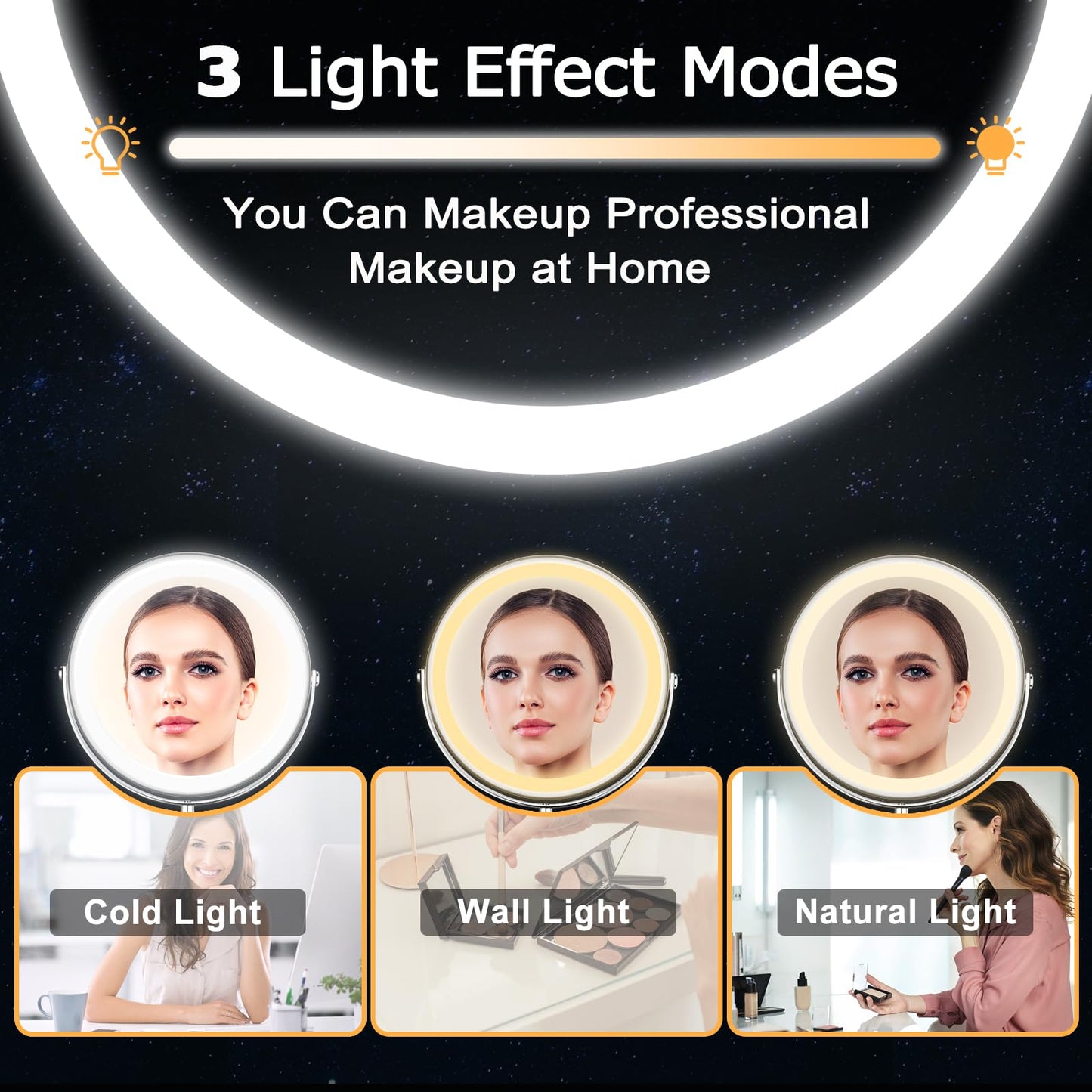 AMZNEVO Lighted Makeup Mirror, 9" Rechargeable Vanity Mirror with Lights, Double-Sided 1X/10X Magnification, 3 Color Lights, Brightness Adjustable, 360° Rotation
