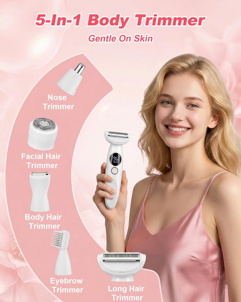 Bikini Trimmer for Women, Electric Razors for Silk Skin 5-in-1, IPX7 Waterproof, USB Rechargeable, Electric Razors for Women for Face, Eyebrows, Body, Bikini Zone with Charging Station
