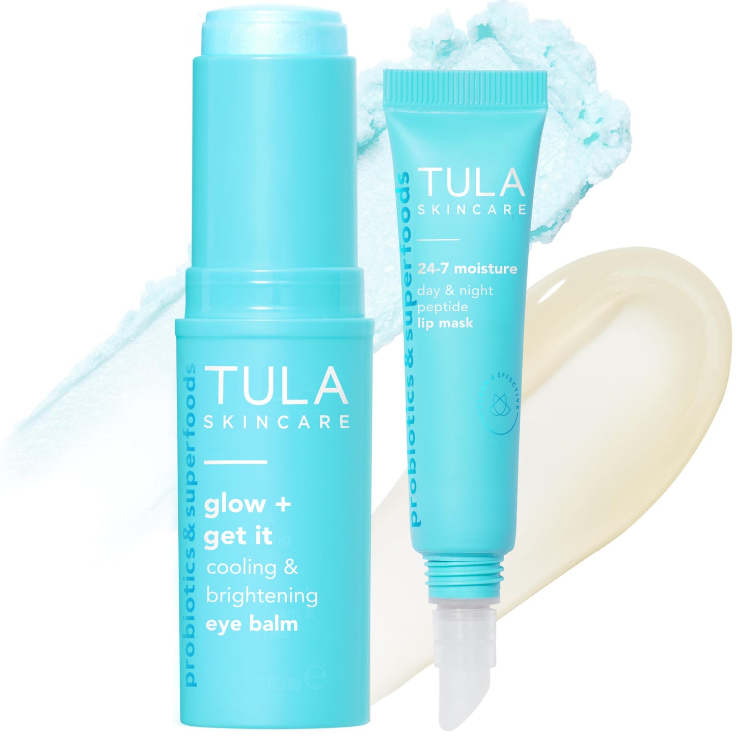 TULA Skin Care Drenched in Hydration Lip Mask & Eye Balm Duo | 24-7 Moisture Day & Night Peptide Lip Mask: 0.28oz, Glow + Get It Cooling & Brightening Eye Balm: 0.35 oz | 2 Piece