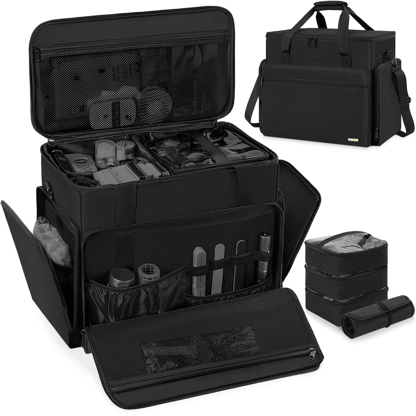 FREEAMG Extra Large Makeup Case with 4 Removable Pouches, Professional Make up Train Case, Travel Cosmetic Bag for Makeup Artist with Shoulder Strap and Handle (Black)（Bag only）