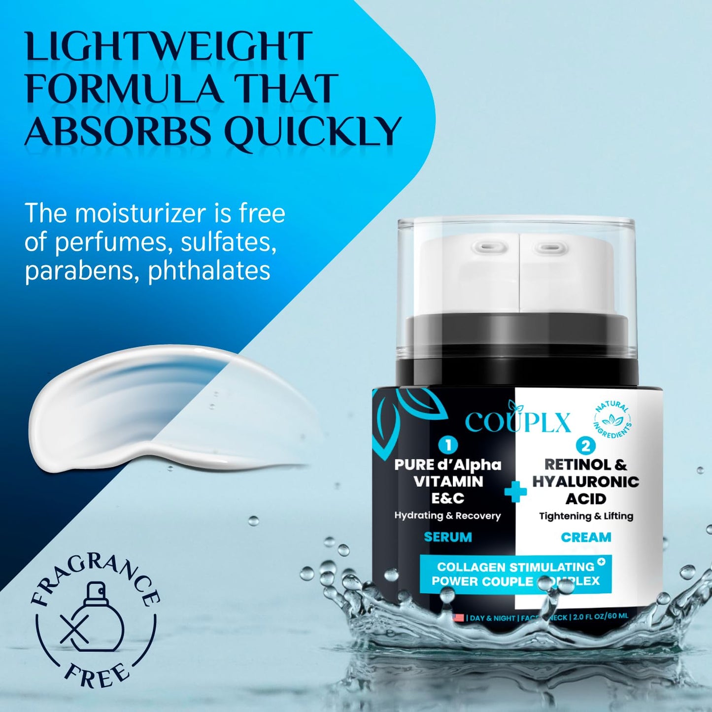 COUPLX 2-in-1 Neck Firming Cream & Face Moisturizer for Women, Anti-Aging Retinol Cream with Vitamin E & C Serum, Skin Tightening Face Lotion for Neck & Face, 2 fl oz