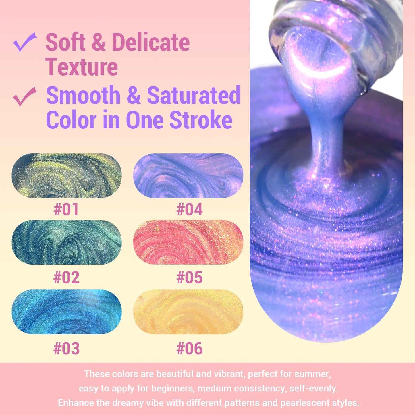 CHARMACY Pearl Gel Nail Polish Set - 6 Colors Shimmer Blue Pink Yellow Shell Gel, Aurora Shell Effect, Mermaid Nails LED UV Soak Off